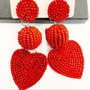 Red Boho Beaded Dangle Heart Earrings